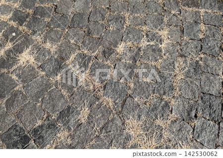 Granite cobblestone pavement surface texture with dry grass growing between stones Granite cobblestone pavement surface texture with dry grass growing between stones 142530062