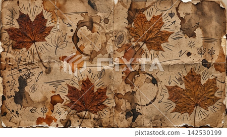 Dried maple leaves arranged on vintage stained paper with hand drawn sketches Dried maple leaves arranged on vintage stained paper with hand drawn sketches 142530199