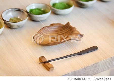 Matcha green tea ceremony preparation on wooden table Matcha green tea ceremony preparation on wooden table 142530664