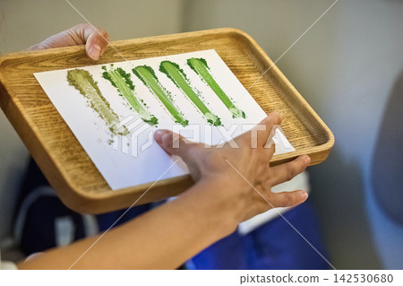 Hand holding matcha tea powder color evaluation tray Hand holding matcha tea powder color evaluation tray 142530680