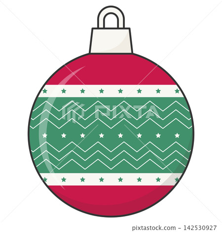 Flat style sticker illustration of a red and green patterned christmas bauble isolated on transparent background. Festive holiday tree hanging ornament clip art graphic icon element for xmas asset. Flat style sticker illustration of a red and green patterned christmas bauble isolated on transparent background. Festive holiday tree hanging ornament clip art graphic icon element for xmas asset. 142530927