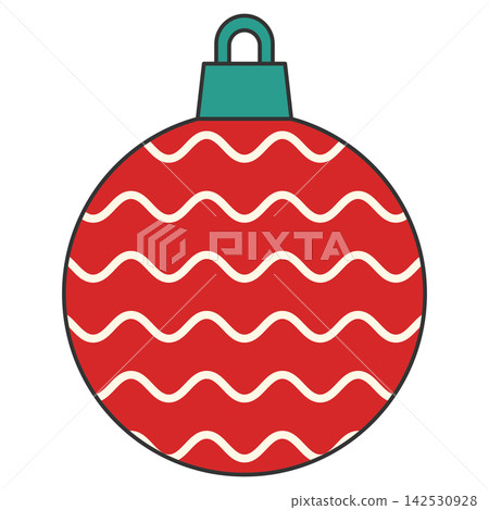 Flat style sticker illustration of a red wavy patterned christmas bauble isolated on transparent background. Festive holiday tree hanging ornament clip art graphic icon element for xmas asset. Flat style sticker illustration of a red wavy patterned christmas bauble isolated on transparent background. Festive holiday tree hanging ornament clip art graphic icon element for xmas asset. 142530928
