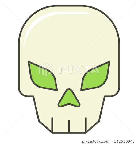 Flat style sticker illustration of a skull with glowing green eyes isolated on transparent background. Spooky halloween skeleton head clip art graphic icon design element for holiday asset. 142530945