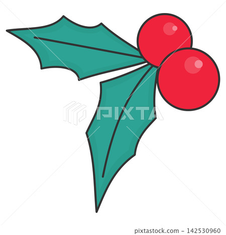Flat style sticker illustration of a christmas holly berry on transparent background. Festive winter holiday botanical foliage clip art graphic icon element for xmas asset. 142530960