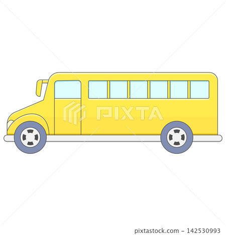 Flat style sticker illustration of a yellow school bus isolated on transparent background. Student transport vehicle clip art graphic icon design element for back to school project asset. 142530993