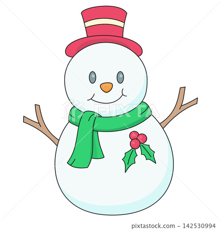 Flat style sticker illustration of a smiling snowman with santa hat isolated on transparent background. Winter seasonal holiday character clip art graphic icon design element for xmas asset. Flat style sticker illustration of a smiling snowman with santa hat isolated on transparent background. Winter seasonal holiday character clip art graphic icon design element for xmas asset. 142530994