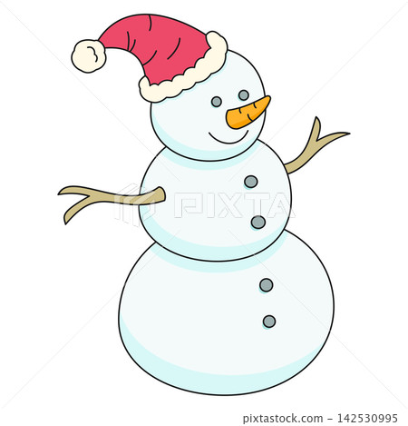 Flat style sticker illustration of a cute snowman wearing a red santa hat isolated on transparent background. Winter holiday snow character clip art graphic icon design element for xmas asset. Flat style sticker illustration of a cute snowman wearing a red santa hat isolated on transparent background. Winter holiday snow character clip art graphic icon design element for xmas asset. 142530995