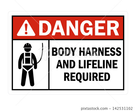 Danger Body Harness and Lifeline Required sign, bold red and white vector illustration for construction safety Danger Body Harness and Lifeline Required sign, bold red and white vector illustration for construction safety 142531102
