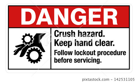 Danger Crush Hazard Sign with Warning Text and Gear Icon vector illustration for industrial safety compliance Danger Crush Hazard Sign with Warning Text and Gear Icon vector illustration for industrial safety compliance 142531105