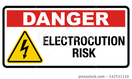 Danger Electrocution Risk safety sign with bold red and yellow colors featuring a lightning bolt vector graphic Danger Electrocution Risk safety sign with bold red and yellow colors featuring a lightning bolt vector graphic 142531110