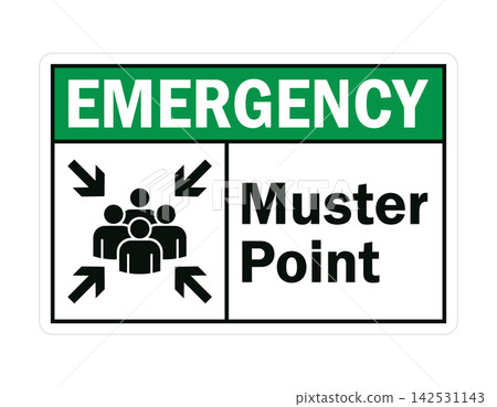 Emergency muster point safety sign vector illustration with directional arrows and assembly symbols Emergency muster point safety sign vector illustration with directional arrows and assembly symbols 142531143