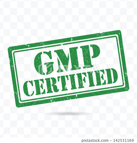 GMP certified green rubber stamp vector graphic featuring distressed grunge texture for product packaging 142531169