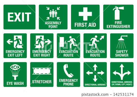 Green emergency and safety exit sign icons vector set featuring directional arrows and rescue symbols for safety 142531174