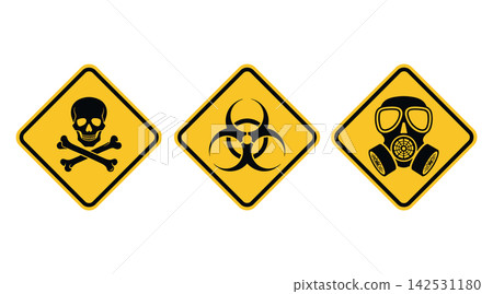 Hazard Warning Signs Vector Illustration featuring poison skull, biohazard symbol and gas mask for safety signage Hazard Warning Signs Vector Illustration featuring poison skull, biohazard symbol and gas mask for safety signage 142531180