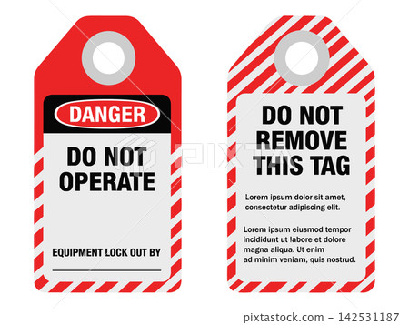 Industrial safety lockout tags, red and white striped vector illustration featuring danger warning labels for maintenance Industrial safety lockout tags, red and white striped vector illustration featuring danger warning labels for maintenance 142531187