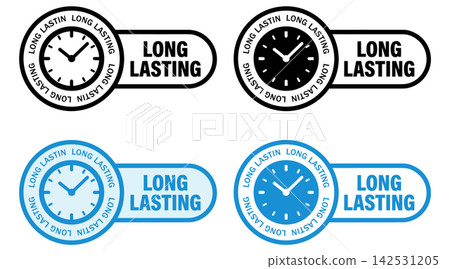 Long Lasting clock badge set in minimalist flat colors featuring circular time icons for commercial vector graphic use Long Lasting clock badge set in minimalist flat colors featuring circular time icons for commercial vector graphic use 142531205