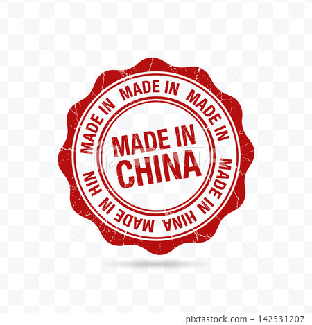 Made in China round red rubber stamp vector illustration featuring a grunge texture for product labeling 142531207
