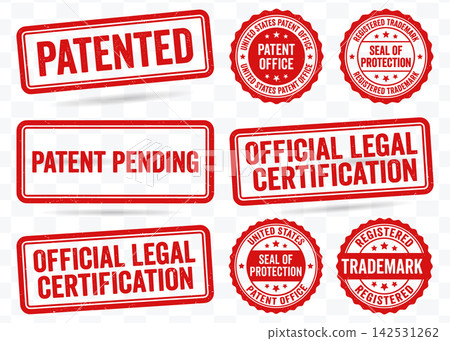 Red rubber patent stamps and seals vector illustration featuring official legal certification designs Red rubber patent stamps and seals vector illustration featuring official legal certification designs 142531262