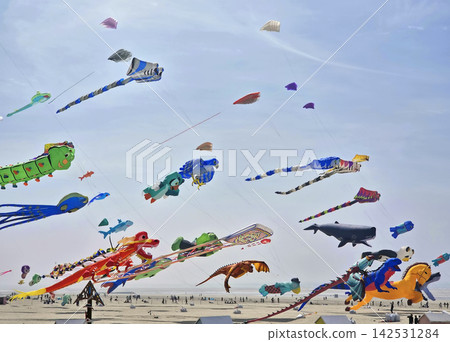 Berck-sur-Mer, France - 26 April 2026: Giant colorful kites soar above a crowded sandy beach during the International Kite Festival. People gather on the French coastline to enjoy the aerial spectacle Berck-sur-Mer, France - 26 April 2026: Giant colorful kites soar above a crowded sandy beach during the International Kite Festival. People gather on the French coastline to enjoy the aerial spectacle 142531284