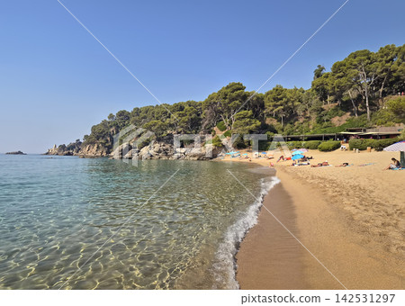 Lloret de Mar, Spain - July 07, 2026: Crystal-clear turquoise waters ripple onto the golden sandy shore of Cala Boadella beach. Sunbathers relax beneath lush pine-covered cliffs on Costa Brava coast Lloret de Mar, Spain - July 07, 2026: Crystal-clear turquoise waters ripple onto the golden sandy shore of Cala Boadella beach. Sunbathers relax beneath lush pine-covered cliffs on Costa Brava coast 142531297
