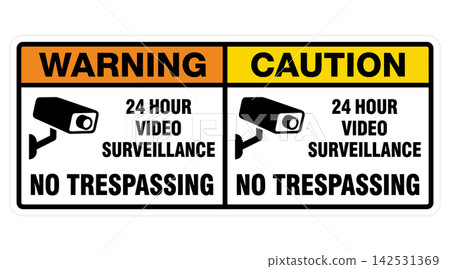 Security warning and caution sign with surveillance camera, bold colors for professional safety vector graphic 142531369