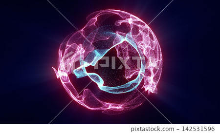 Vibrant abstract sphere formed by pink and cyan particles and flowing energy waves on a dark background, ideal for futuristic technology concepts Vibrant abstract sphere formed by pink and cyan particles and flowing energy waves on a dark background, ideal for futuristic technology concepts 142531596