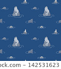 Seal, seagull and stones seamless pattern on dark blue background. North ocean backdrop with sea lions floating in water. Arctic theme print for fabric,childish clothes, wrapping paper 142531623
