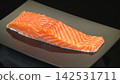Fresh raw salmon fillet portion neatly served on sleek black rectangular plate, premium Japanese sashimi seafood delicacy 142531711