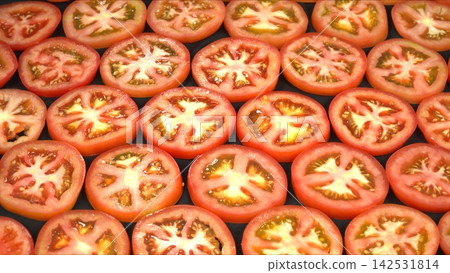 Full frame background of fresh ripe tomato slices laid out in seamless pattern, healthy organic food abstract texture Full frame background of fresh ripe tomato slices laid out in seamless pattern, healthy organic food abstract texture 142531814