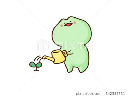 一隻青蛙用澆水壺給地裡的嫩芽澆水(園藝)。 一隻青蛙用澆水壺給地裡的嫩芽澆水(園藝)。 142532331