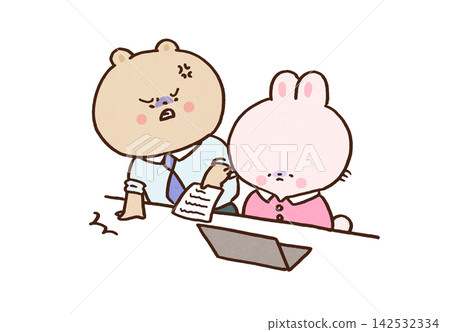 一隻商人熊猛拍桌子,用嚴厲的語氣審問一隻兔子(權力騷擾/恐嚇)。 一隻商人熊猛拍桌子,用嚴厲的語氣審問一隻兔子(權力騷擾/恐嚇)。 142532334