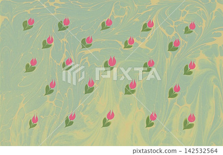 Ebru marble pattern featuring pink tulips Ebru marble pattern featuring pink tulips 142532564