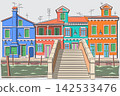 Colorful Vector Illustration of Burano Houses and Bridge in Venice, Italy 142533476