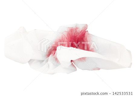 Blood on the tissue paper isolated on white background Blood on the tissue paper isolated on white background 142533531