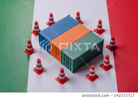 The cargo container ban on the Italian flag as a conceptual backdrop. Cargo container embargo 142533717