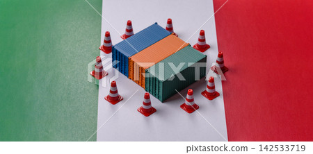 The cargo container ban on the Italian flag as a conceptual backdrop. Cargo container embargo The cargo container ban on the Italian flag as a conceptual backdrop. Cargo container embargo 142533719
