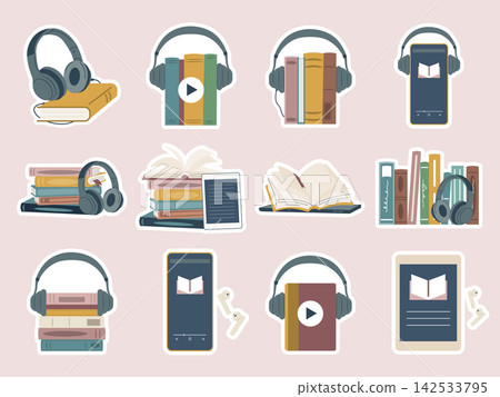 Audiobook Sticker Pack with Books, Headphones and Mobile Icons Audiobook Sticker Pack with Books, Headphones and Mobile Icons 142533795