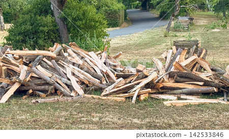 A mountain of chopped logs in the field 142533846