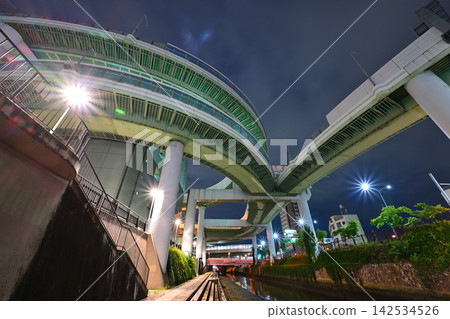 Night view of the junction from beneath the highway Night view of the junction from beneath the highway 142534526
