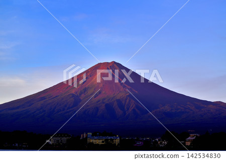 夏日黎明時分，從河口湖眺望紅色的富士山 142534830