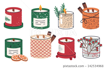 Christmas candle collection. Decorative colorful candles with holy plants and berries flat vector illustration set. Festive home decor and lighting elements Christmas candle collection. Decorative colorful candles with holy plants and berries flat vector illustration set. Festive home decor and lighting elements 142534968