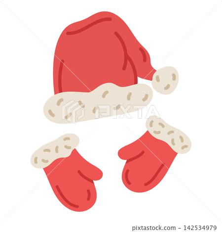 Santa hat and mittens. Red Christmas hat and matching mittens with soft white trim flat vector illustration. Cozy winter accessories for holiday design Santa hat and mittens. Red Christmas hat and matching mittens with soft white trim flat vector illustration. Cozy winter accessories for holiday design 142534979