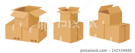 Shipping boxes. Stacked cardboard cartons for packing, storage and delivery flat vector illustration set. Commercial packaging and moving supplies on white Shipping boxes. Stacked cardboard cartons for packing, storage and delivery flat vector illustration set. Commercial packaging and moving supplies on white 142534980