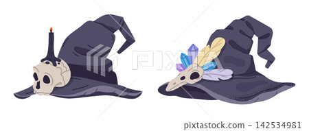 Skull witch hats. Dark textile witch hats decorated with skulls and pale bones flat vector illustration set. Gothic Halloween costume elements for spooky party Skull witch hats. Dark textile witch hats decorated with skulls and pale bones flat vector illustration set. Gothic Halloween costume elements for spooky party 142534981