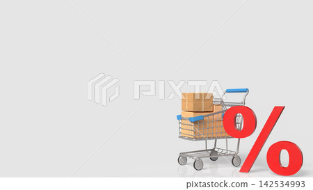 Shopping Cart with Packages and Bold Red Discount Symbol 3d render. Shopping Cart with Packages and Bold Red Discount Symbol 3d render. 142534993