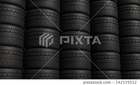 Stacked Black Car Tires with Detailed Tread Patterns 3d render. 142535012
