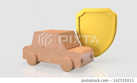 Wooden Toy Car Protected by Golden Shield 3d render. Wooden Toy Car Protected by Golden Shield 3d render. 142535013