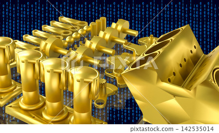 Golden Automotive Engine Parts With Binary Code 3d render. Golden Automotive Engine Parts With Binary Code 3d render. 142535014