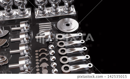 Precision Automotive Engine Components in Chrome 3d render. Precision Automotive Engine Components in Chrome 3d render. 142535015