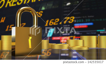 Golden Padlock Protecting Financial Investments 3d render. Golden Padlock Protecting Financial Investments 3d render. 142535017